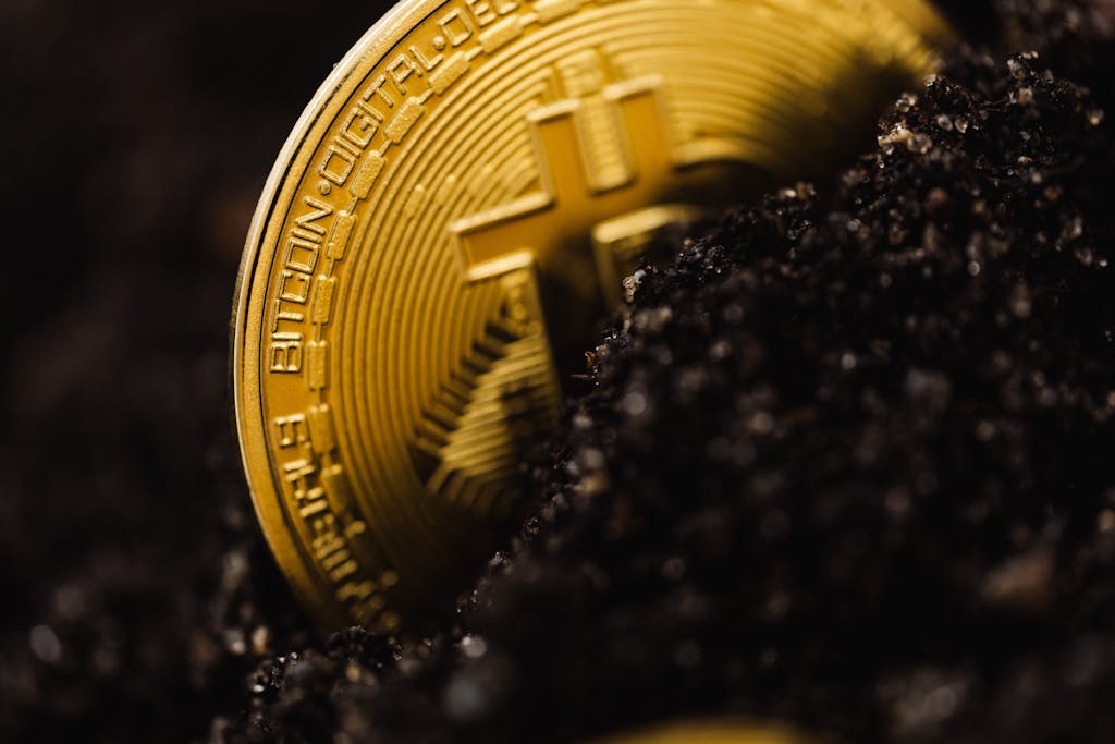 aajkitajikhabar.com A close-up shot of a Bitcoin partially buried in soil, symbolizing digital currency growth.